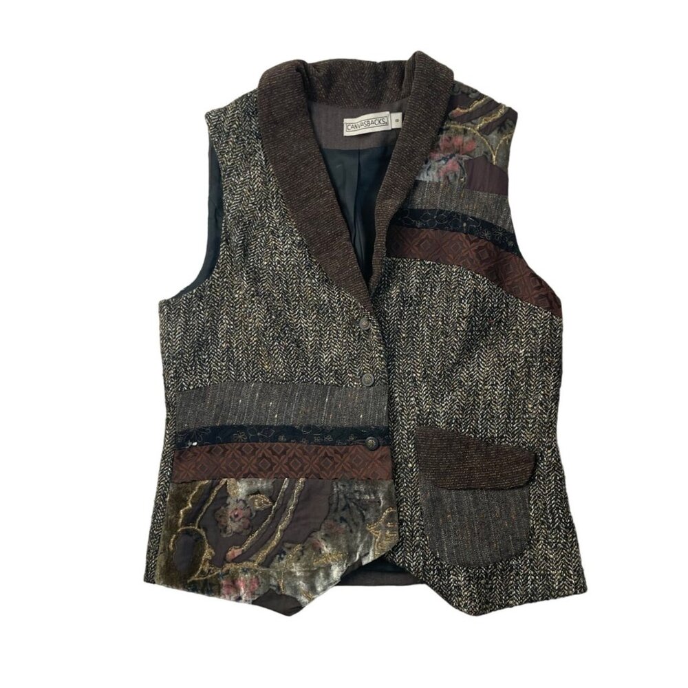 Canvasbacks Patchwork Women's Vest Size 8 Brown Multi-Fabric Boho Chic Layered L